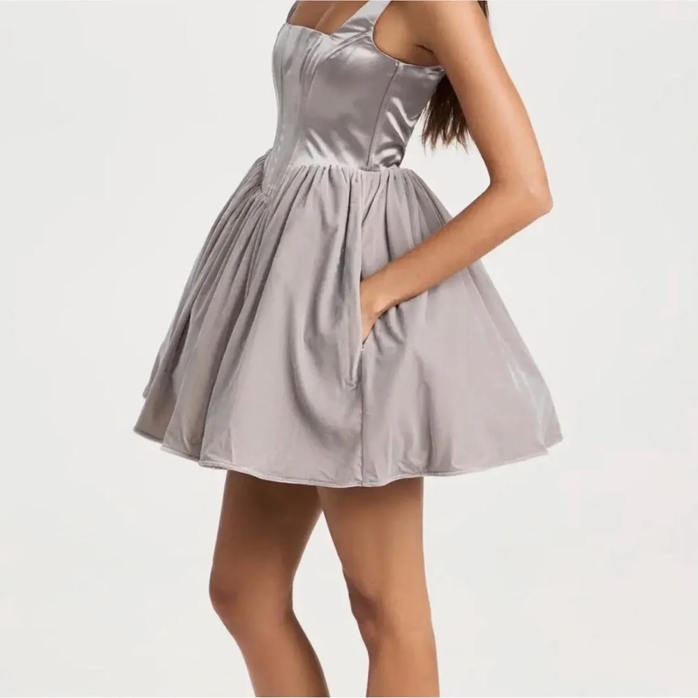 STAUD Landscape Silver Mini Dress Velvet Gray Tulle - Picture 3 of 9